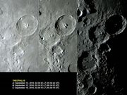 A cratera THEOPHILUS com fina camada de nuvens em três tempos.